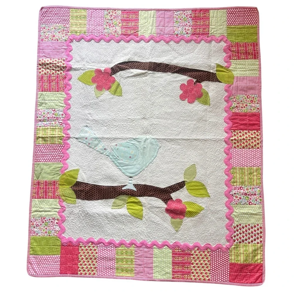 Handmade Quilted‎ Baby Blanket Bird Floral Applique Strawberry Patchwork